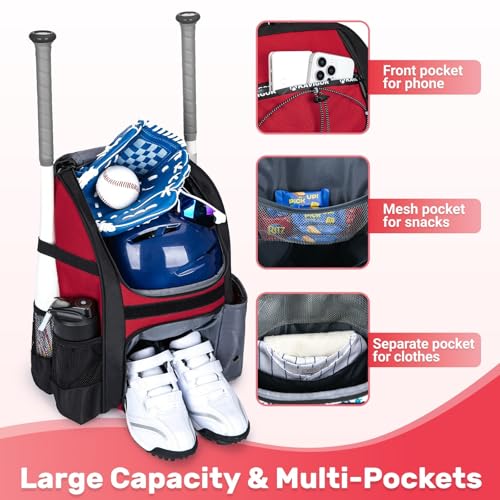 KAVIGOR Youth Baseball Bag, Softball Bag for Girls & Boys, Kids Tball Backpack with Shoes Compartment - color: Red