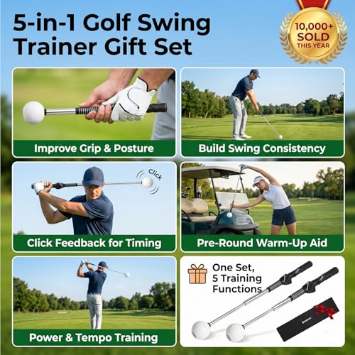 5 in 1 Golf Swing Trainer Aid, Retractable Training Club with Click Sound Feedback and Grip Guide, Portable Rhythm and Tempo Warm Up Stick for Right Handed Golfers