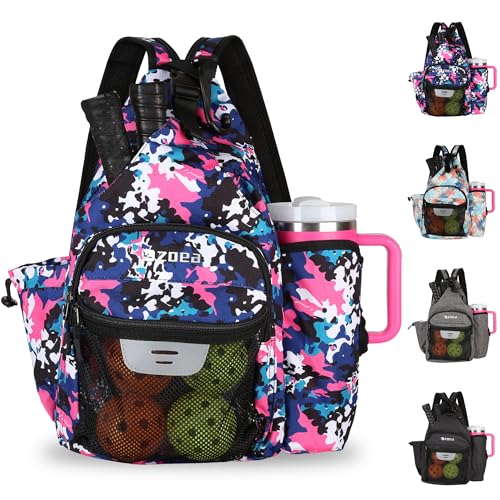 ZOEA Pickleball Backpack Bag for Men Women, Fits 40oz Tumbler, Holds 4 Paddles with Fence Hook, Waterproof Reflective, 7 Pockets Convertible Straps - color: Purple Flower