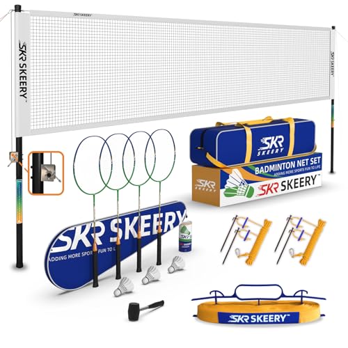 SKEERY Professional Badminton Set with Winch System,Portable Badminton Net includes Carbon Aluminum Badminton Rackets Set of 4,3 Shuttlecocks and Carrying Bag,Badminton Sets for Backyards,Beach - color: White
