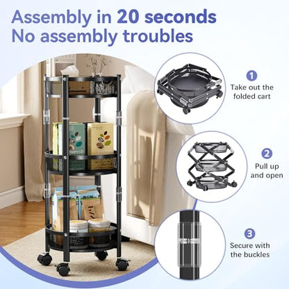 TOOLF 3-Tier Foldable Rolling Cart, Collapsible Metal Utility Cart with Wheels, Assembly-Free, Round Storage Organizer Trolley for Kitchen, Bathroom, Dorm, Nursery, Black