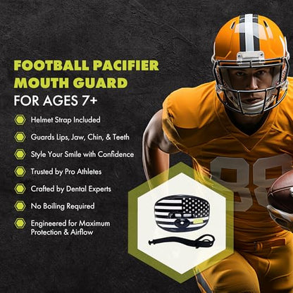 DAMAGE CONTROL Pacifier Mouthpiece – Football Mouthguard with Helmet Strap, Protects Teeth, Jaw & Mouth – Mouth Piece for Sports, No Boiling, Allows Airflow – Gear for Adults & Youth - color: Battle Flag