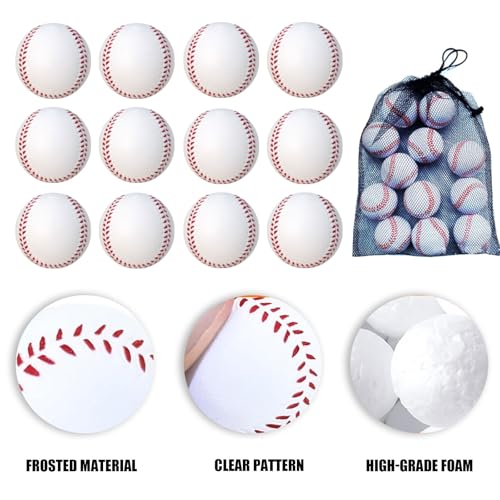 12 Pack Foam Baseballs Soft Baseballs with Mesh Bag for Teenager Players Training Ball Sporting Batting Ball Safety Hitting and Fielding Indoor Outdoor White
