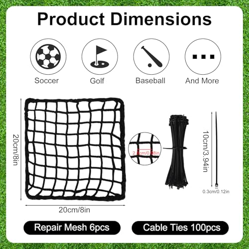 Penitue 6 Pack Universal Sports Net Repair Kit with 100 Nylon Zip Ties, 20x20cm/8x8in Polyester Netting Hole Patches for Soccer Hockey Football Golf Goal Nets Baseball Batting Cages (Black)