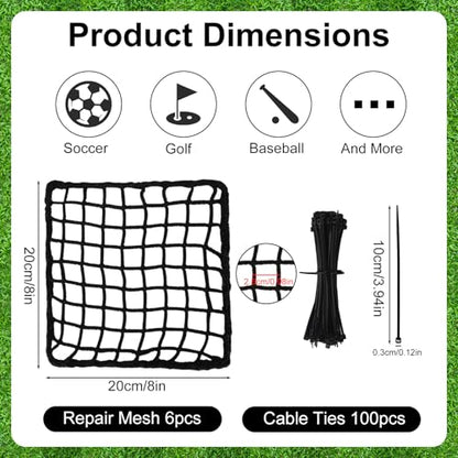 Penitue 6 Pack Universal Sports Net Repair Kit with 100 Nylon Zip Ties, 20x20cm/8x8in Polyester Netting Hole Patches for Soccer Hockey Football Golf Goal Nets Baseball Batting Cages (Black)