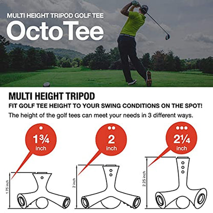 OctoTee, unisex-adult Flexible Tripod Colorful Rubber Golf Tee with Multi Height, Pack of 2