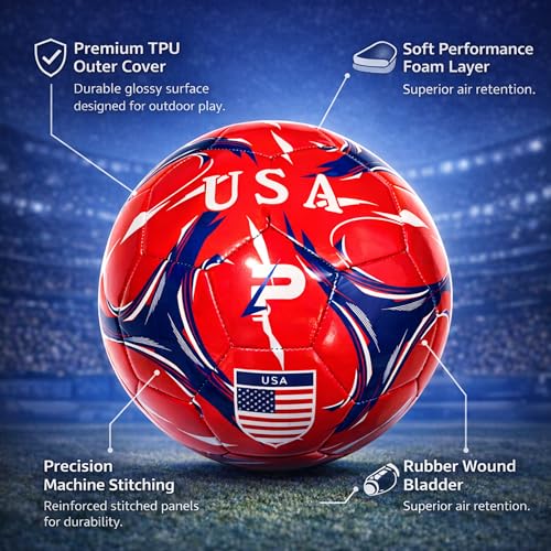 Elite Edition Soccer Ball - Training Soccer Ball – Durable TPU Outdoor Ball – Country Design (USA, Argentina, Brasil, Mexico, Portugal & More) - size: 3, style: USA - RED
