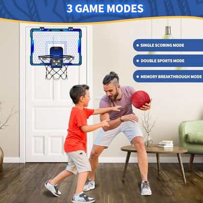 HYES Basketball Hoop Indoor, Mini Basket Ball Hoop with 7 LED Lighting, Scoreboard, Over Door Basketball Hoop with 3 Modes, Volume Adjustable, Foldable, Basketball Toys Gifts for Kids Adults - size: blue- without remote controller