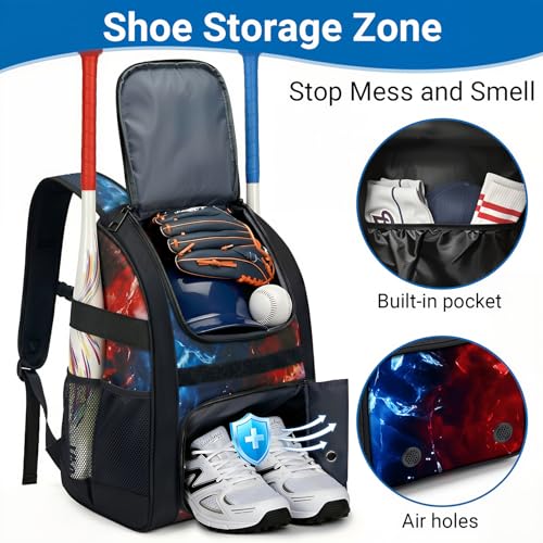 Youth Baseball Bag - Softball Bag for Girls & Boys with Shoes Compartment, Bat Backpack for Baseball, T-Ball & Softball Equipment - color: Lighting-Red Blue