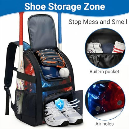 Youth Baseball Bag - Softball Bag for Girls & Boys with Shoes Compartment, Bat Backpack for Baseball, T-Ball & Softball Equipment - color: Lighting-Red Blue