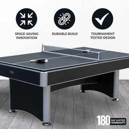 Hathaway Maverick 7 Foot Pool Table with Table Tennis Top – with Accessories for Both Games – Space-Saving Ping Pong and Pool Table Combo for Families – Matte Black Finish - color: Black with Blue Felt