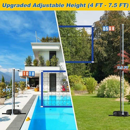 Pool Volleyball Net with 24/7 LED Lights – Adjustable Max Width 32FT Height 7.5FT, Ideal for Inground Pools, Backyard Party, Adults & Kids, Scoreboard Included