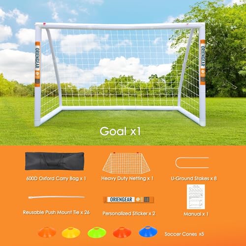 ORIENGEAR Soccer Goal, 12x6/10x6.5/8x6/6x4 Full Size Soccer Goals for Backyard, Soccer Net with Training Discs, Portable Soccer Goal for Kids and Adults with 1 Carry Bag, Porterias De Futbol