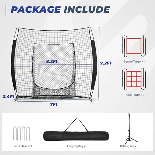 7 x 7 ft Baseball Net with Batting Tee, Baseball Softball Batting Net with Strike Zone for Practice Hitting Pitching Fielding, Quick Setup, Portable, with Carry Bag, 4 Ground Stakes