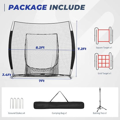 7 x 7 ft Baseball Net with Batting Tee, Baseball Softball Batting Net with Strike Zone for Practice Hitting Pitching Fielding, Quick Setup, Portable, with Carry Bag, 4 Ground Stakes