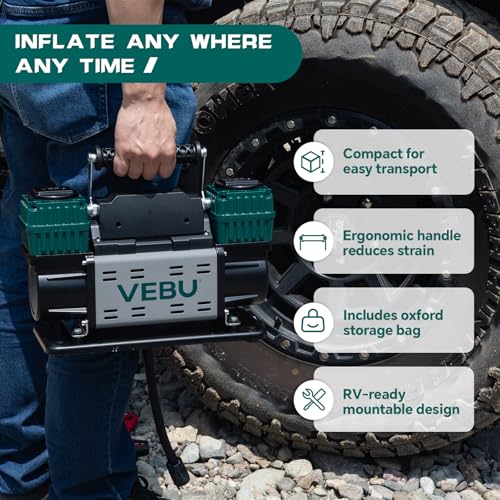 Heavy Duty Air Compressor 12V Tire Inflator, Dual Cylinder 125PSI with In-line Pressure Gauge, 10.6CFM Fast Inflation for Off-road Vehicles, Trucks, SUVs, RVs, ATVs, DC Power, Corded Electric - style: Dual Cylinders + Inline Gauge