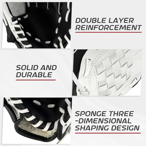 Baseball Glove + Ball Sets, Softball Glove, Baseball Mitt, 10.5''-12.5'' for Youth/Adult Training and Beginner Play, Synthetic Leather Softball Mitt - color: Black,White, size: 10.5"