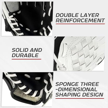 Baseball Glove + Ball Sets, Softball Glove, Baseball Mitt, 10.5''-12.5'' for Youth/Adult Training and Beginner Play, Synthetic Leather Softball Mitt - color: Black,White, size: 10.5"