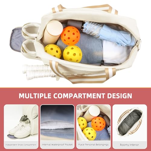 Pickleball Bag Pickle Ball Backpack for Women Pickleball Tote Sport Equipment Bag with Shoe Compartment Gift Accessory 30L - color: Beige