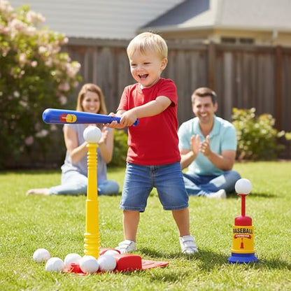 T Ball Stand for Kids and Toddlers 1-3, 3-5, 5-8. Baseball Set Includes 6 Large Balls, an Adjustable Tball Batting Tee, and a Pitching Machine. Kids Bat and Ball, T-Ball Sets for Kids