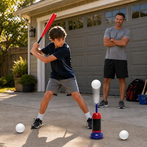 Pop Up Baseball Trainer Set for Kids, Backyard Fun, No Pitch Needed, Beginner Batting Practice Toy with Launcher, Bat, Balls & Carry Bag (Red) - color: Red
