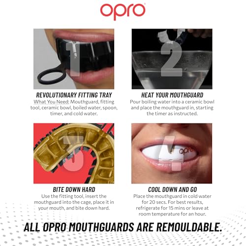 OPRO Gold Level Moldable Mouth Guard Premium Fit (Black/Gold) Adult & Kids Boxing Mouthguard for MMA & Impact Sports, Easy Self-Fit Mouth Guard for Sports, Football & Hockey - Includes Case