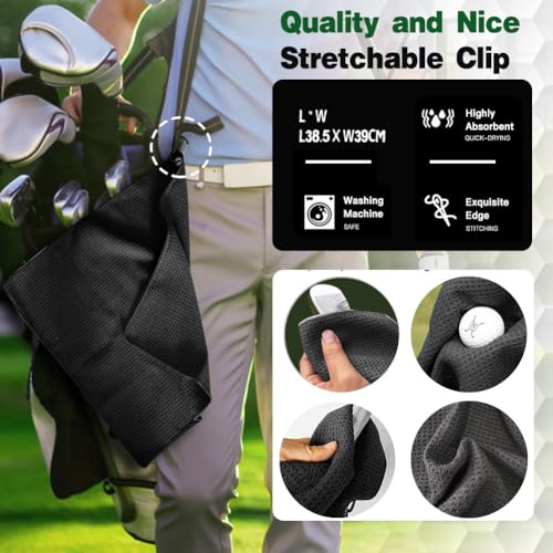 Golf Towel and Brush Set, Premium Golf Towel (15 x 14 inch) & Club Brush Cleaner with Retainer Clip and Squeeze Water Bottle, Essentials Golf Accessories for Men, Golf Gifts for Men