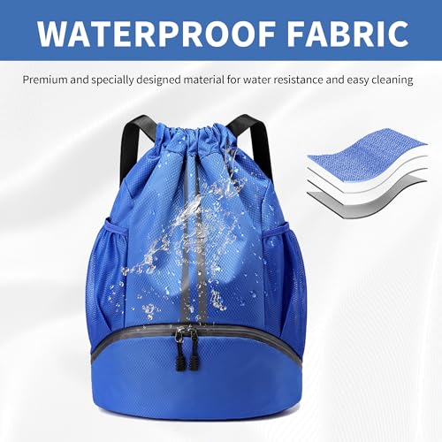 JELUTAR Soccer Bag, Drawstring Soccer Backpack with Shoe Compartment, Water Resistant Sport Gym Bags for Volleyball Basketball Football Beach Swim Pool - color: Blue