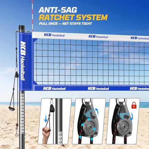 Haokelball Outdoor Portable Heavy Duty Volleyball Net Set for Backyard with Adjustable Height Poles, Anti-Sag System, Volleyball, Pump, Boundary Line, Carry Bag & Gift Box