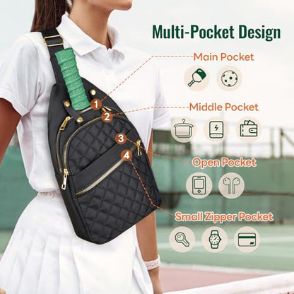 NiHome Pickleball Sling Bag for Men & Women, Water-Repellent Polyester Crossbody Backpack with Adjustable Strap, Fits 2 Paddles & 6 Balls, Tablet Pocket, Front Zipper Storage for Phone & Gear (Black)