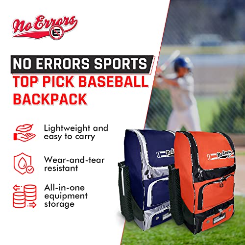 No Errors Top Pick Baseball Backpack for Kids - Heavy Duty Youth Baseball and Softball Bag with Fence Hooks - Dual Glove and Bat Compartments - color: Orange
