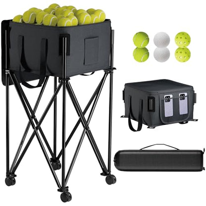 Tennis Ball Hopper for 120 Balls，Tennis Ball Basket with Removable Storage Bag，Wheeled Tennis Ball Cart for Serve Training ，Portable Pickleball Baseball Hopper Basket