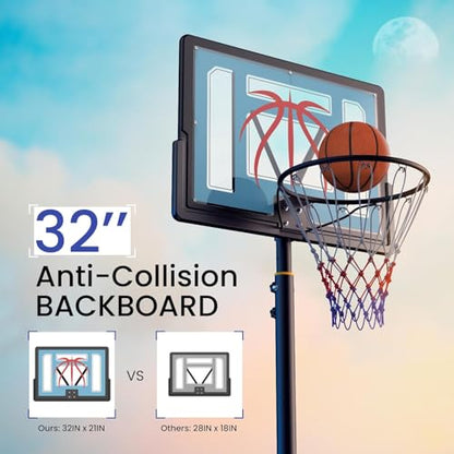 Basketball Hoop Outdoor 4.82-8.53ft Adjustable, Portable Basketball Hoop & Goals with 2 Wheels, 32 Inch PC Backboard/Fillable Base/Size 5 Basketball for Kids, Youth, and Adults in Backyard/Driveway