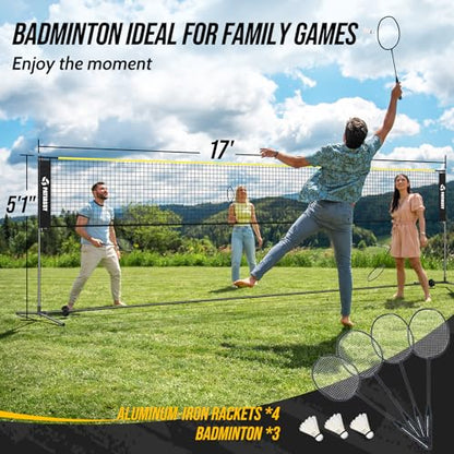 Volleyball Badminton Pickleball 3-in-1 Combo Net Set, 5.1-7.4ft Adjustable Height Sports Nets for Backyards, Portable 17ft Outdoor Net with Carry Bag, Rackets and Balls