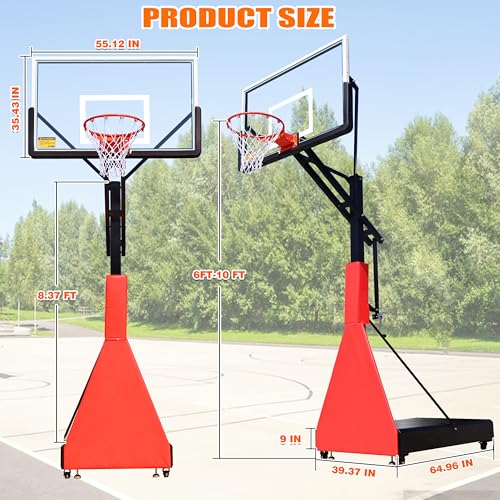 Portable 55” Box Basketball Hoop with Wheels - 6ft-10ft Adjustable Height Mobile Goal System with Locking Casters for Driveway, Backyard & Outdoor Use, Moveable Basketball Hoop Outdoor