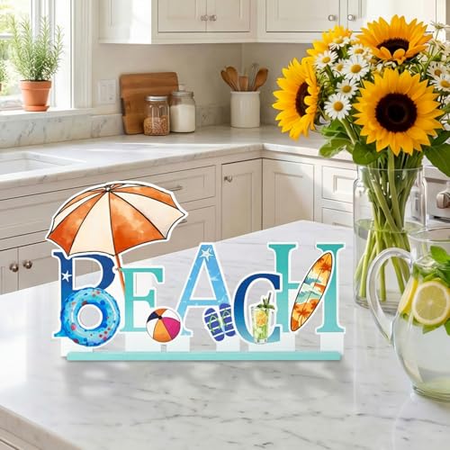 Smile Summer Indoor Decorations Wooden Decor, Beach Hawaii Style, Sign for Home Tabletop Centerpiece Mantel Shelf Fireplace - style: Letter Beach