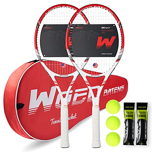 Pro Tennis Racket for Adults, 2 Player 27 inch Speed Tennis Racquet Acceptable for Beginner and Professional with 3 Tennis Balls, 2 Vibration Dampes, 2 Overgrips, Tennis Bag - color: Red