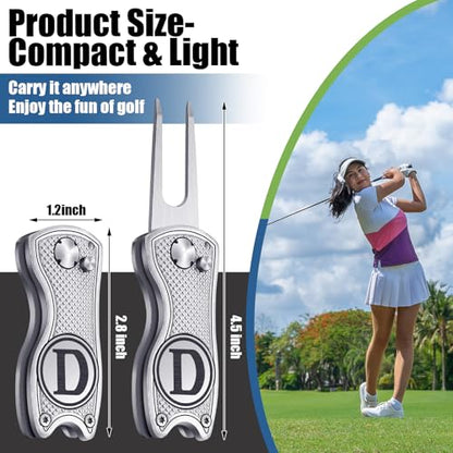 Golf Divot Repair Tool with Letter Custom Monogrammed Initial Ball Marker Divot Tool New Year Golf Gifts Foldable Metal with Magnetic Putt Alignment for Men Father Golfer - color: Silver, style: Letter D