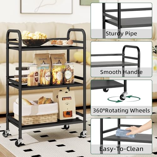 DCLRN 3 Tier Rolling Cart,Storage Organizer Cart,Multifunctional Storage Shelves,Rolling Metal Organization Cart with Handle and Lockable Wheels,for Home,Office,Kitchen,Bathroom(Black)