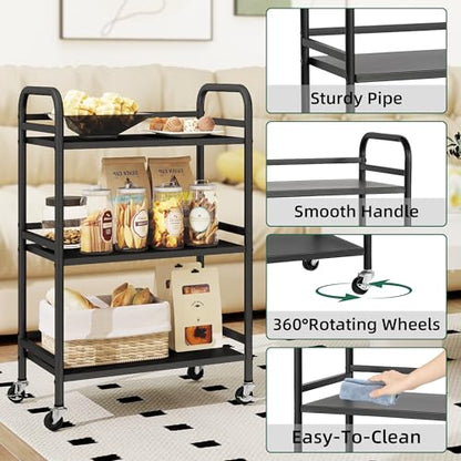 DCLRN 3 Tier Rolling Cart,Storage Organizer Cart,Multifunctional Storage Shelves,Rolling Metal Organization Cart with Handle and Lockable Wheels,for Home,Office,Kitchen,Bathroom(Black)