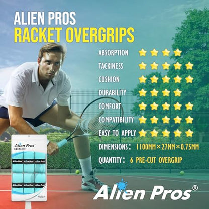 ALIEN PROS New Model M-Tac Tennis Racket Grip Tape (6 Grips) Tennis Overgrip Grip Tape Tennis Racket Tac Feel Tennis Grip – Wrap Your Racquet for High Performance (6 Grips) - color: Neon Green
