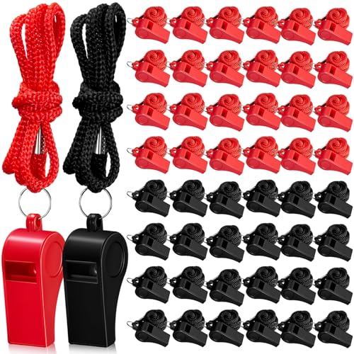 Flutesan 48 Pcs Whistles Bulk with Lanyard Sports Loud Crisp Sound Whistles for Coach Referees Training Emergency - color: Black, Red