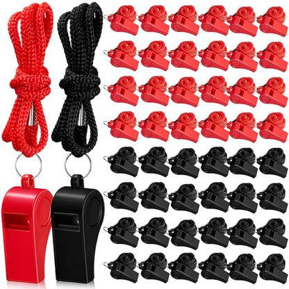 Flutesan 48 Pcs Whistles Bulk with Lanyard Sports Loud Crisp Sound Whistles for Coach Referees Training Emergency - color: Black, Red