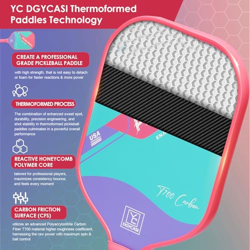 YC DGYCASI 16mm Pickleball Paddles Professional, USAPA Approved, T700 Carbon Fiber Pickleball Paddle Thermoformed, High Grit & Spin, 5.5” Elongated Handle, Handle Girth 4.25”, 8.3oz, with Cover Case - color: Pink