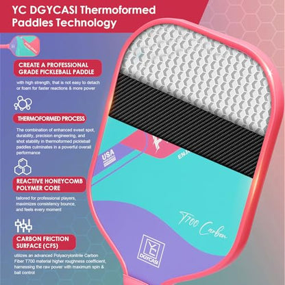 YC DGYCASI 16mm Pickleball Paddles Professional, USAPA Approved, T700 Carbon Fiber Pickleball Paddle Thermoformed, High Grit & Spin, 5.5” Elongated Handle, Handle Girth 4.25”, 8.3oz, with Cover Case - color: Pink