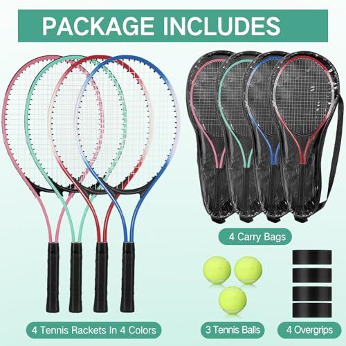 4 Pcs Tennis Rackets for Adult Recreational 4 Players 27" Tennis Racquet Lightweight Tennis Racket with 3 Tennis Balls for Training Beginners with Overgrips Carry Bag - color: Pink,Green,Blue,Red