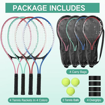 4 Pcs Tennis Rackets for Adult Recreational 4 Players 27" Tennis Racquet Lightweight Tennis Racket with 3 Tennis Balls for Training Beginners with Overgrips Carry Bag - color: Pink,Green,Blue,Red