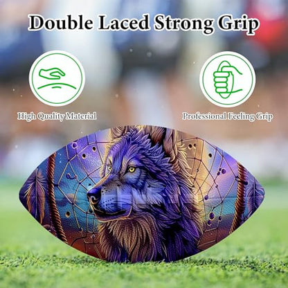 American Football, Official Size 11.9 x 7.3 Inch, Premium Composite Leather High-Grip Ball with Pro-Style Lacing, Unique Prints for Training, Games & Gifts - color: Dream Wolf