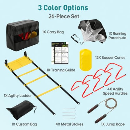 OLIXIS Agility Speed Training Equipment, 20 ft Speed Ladder, 12 Soccer Cones, 4 Agility Hurdles, Jump Rope, Resistance Parachute with Carry Bag, Training Equipment Set for Kids, Youth, Adults,Yellow