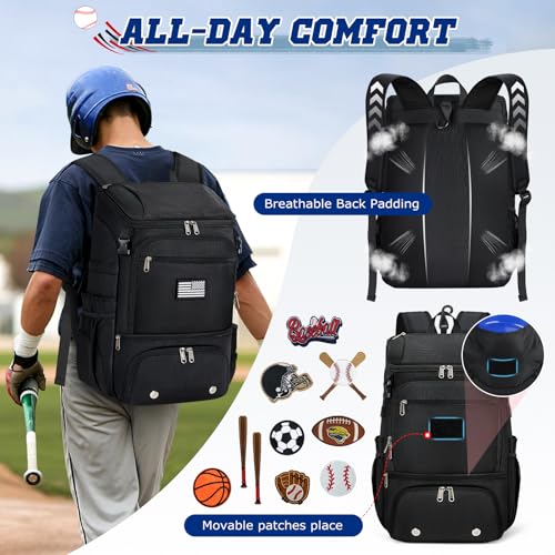 RAINSMORE Baseball Backpack, Lightweight Softball Bag with Shoe Compartment Baseball Bag for Youth & Adult Softball Bat Bag with Fence Hook Helmet Holder Sports Backpack for T-Ball